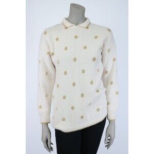 Vintage 1990s 90s Cream & Gold Lambswool Angora Polka Dot Loose Fit Sweater S M